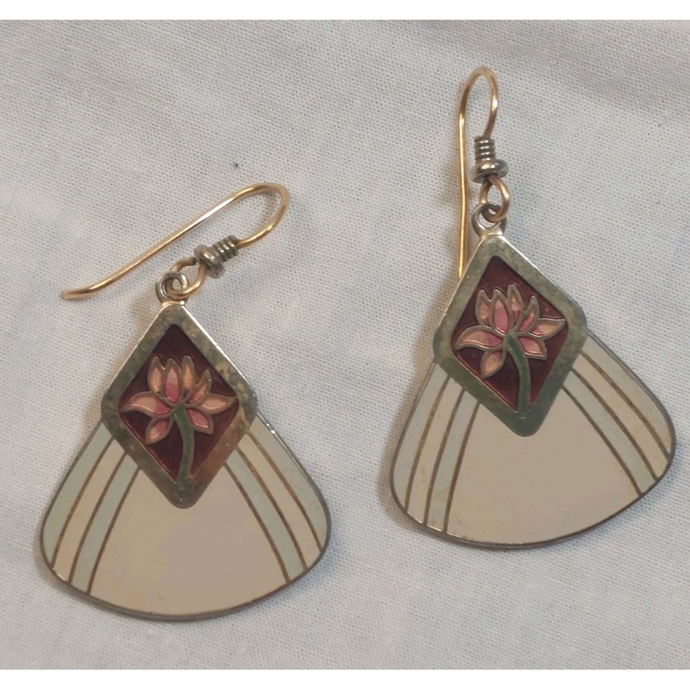 Vintage Laurel Burch Cloisonne Enamel Lotus Flower Dangle Earrings Signed Ivory